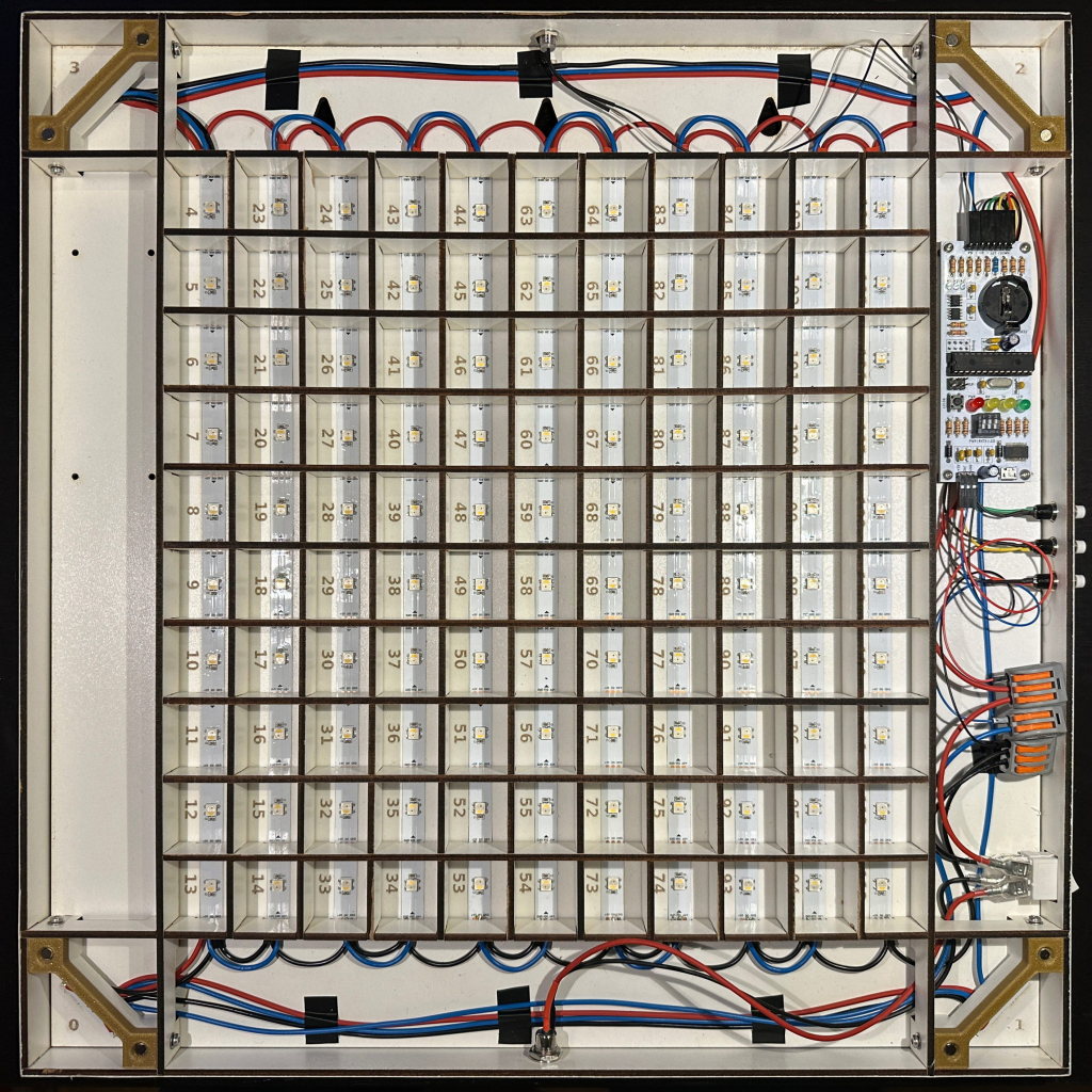 Internals of an OpenWordClock with all connections made.